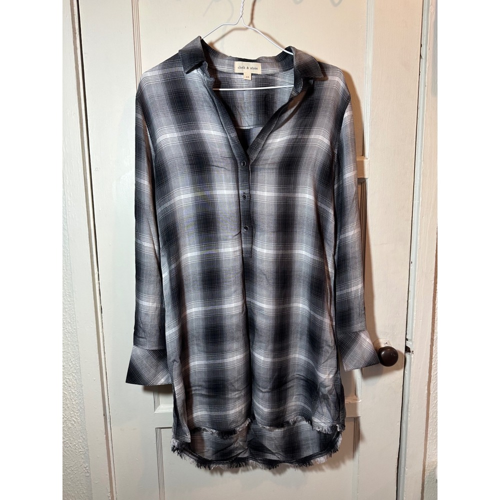 Cloth & Stone Plaid Tunic Shirt Black White Frayed Hem XS